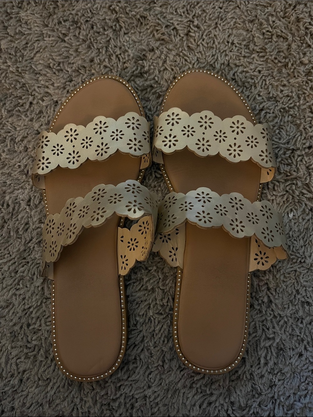 Kensie Cream Scalloped Laser-Cut Double Strap Sandals